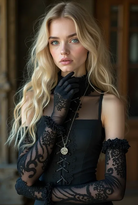 A young woman, slight build, with delicate facial features and pale skin, long, wavy blonde hair, large blue eyes, long eyelashes, small full lips. Dressed in a black dress, with lace cuffs and a high, decorative stand-up collar, tightly laced around the n...