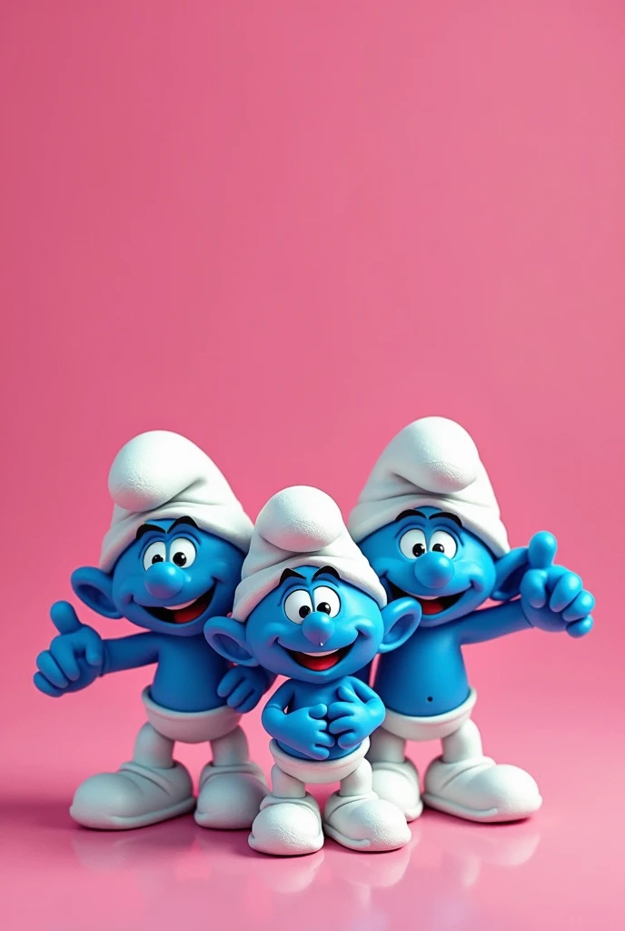 Generate an image with a pink background where the Smurfs of the 80s are in the middle