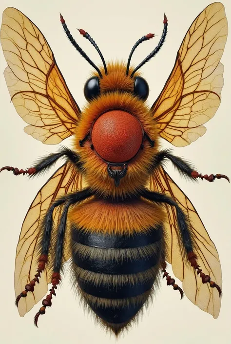 A Jandaira (Melipona subnitida) with a reddish color on the chest and black on the abdomen anthropomorphic with a more human face and larger wings like a fairy, with cover, honey bee crowns and staff like a queen and then the delivery characteristic of thi...