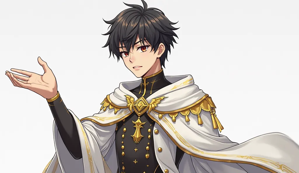 Anime-style illustration of a young man with dark hair and a serious look. He is wearing a long white cloak with gold accents, decorated with gold patterns and buttons. his arm is raised and his palm is turned in our direction