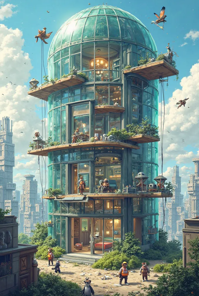 Here’s your sixth image prompt with expanded building details, including rooms, a bathroom, and a hall:

Prompt: A team of animals is constructing a futuristic glass-domed skyscraper in the middle of a bustling city. The structure is partially built, revea...