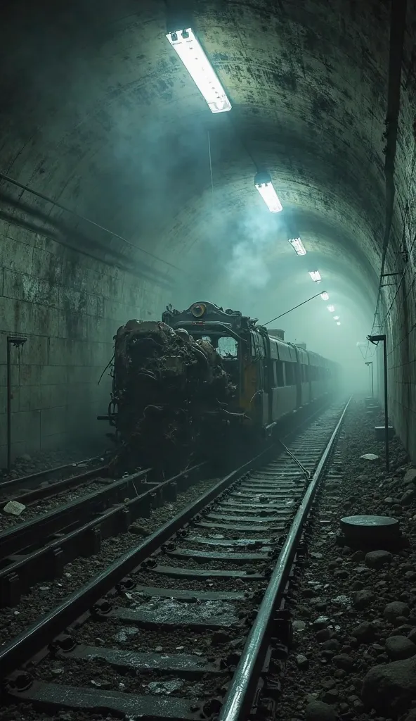 A dark, eerie subway tunnel with a derailed train, flickering lights, and smoke filling the air, giving a sense of tragedy