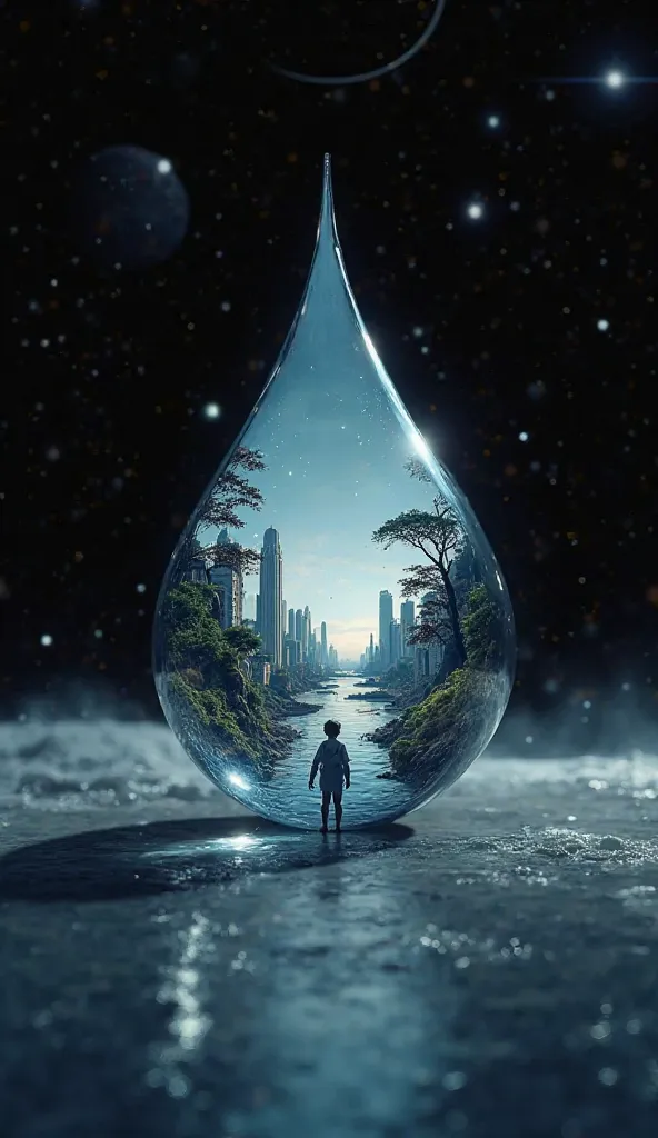 surreal scene showing a single drop of water floating in space, reflecting different time periods: dinosaurs, ancient civilizations, and modern cities.