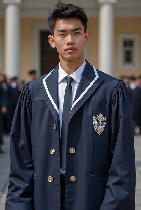 Graduate jacket with the colors navy blue and white