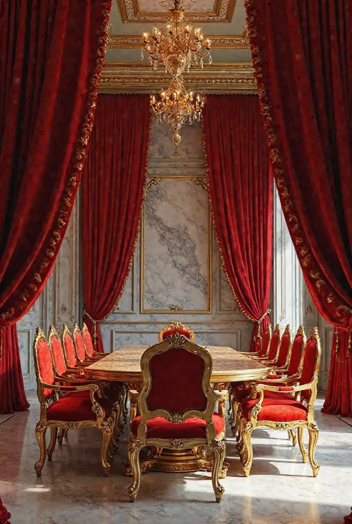 A luxurious meeting room of gold and marble, red silk curtains and gilded oak chairs With gilded oak table