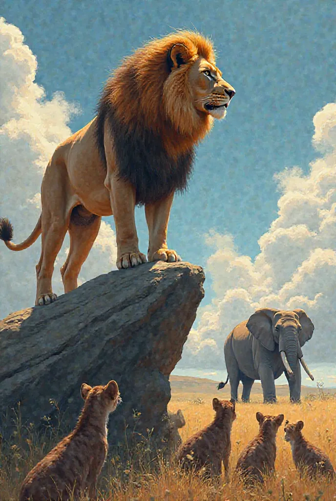 
Prompt: "A strong and determined lion standing on a rock, looking down at the trapped elephant. Other animals are gathered around, their eyes filled with hope and uncertainty as the lion seems to be planning something."create imagine highly detailed digit...