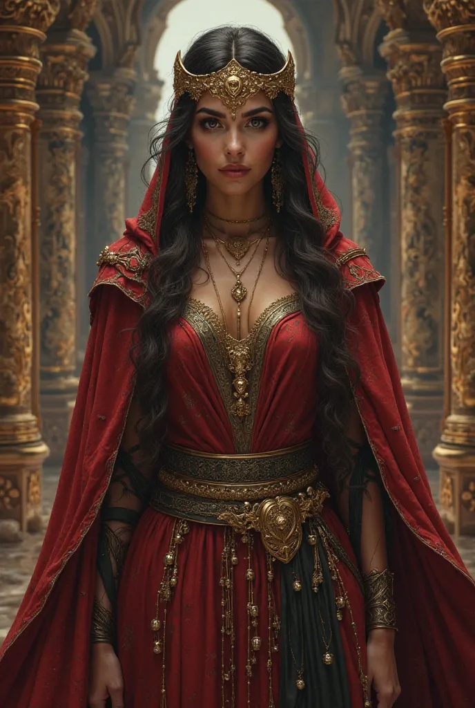 Young matriarchal woman, with very beautiful Arab features, May she be the queen, In a medieval world 