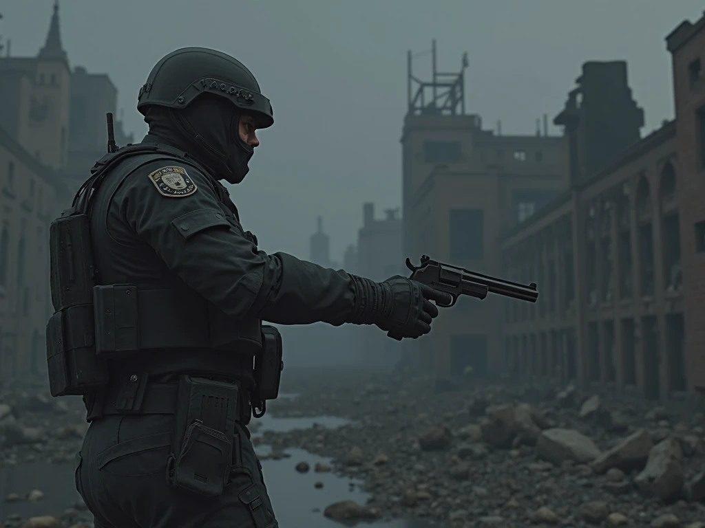 grey uniform soldier, swat style, black armor, 3d game scene, grey palette colours, no copyright violations, minimalist, in the edge of a risk, ruins in the background, night style, revolver in hand