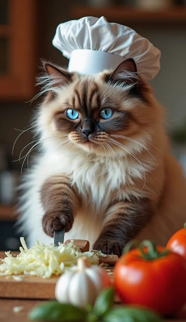 Slow motion close-up of a Persian cat with striking blue eyes wearing a chef's hat and apron gently Cut the onions with a small knife in the hand, keeping it on the board. in a cozy kitchen.  The camera focuses on the rhythmic movement of its paws and the ...