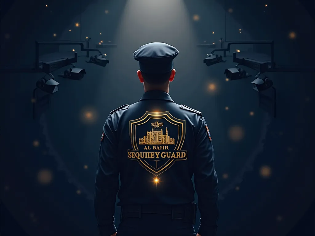 . A professional design for a social media post for a security guard company. The background is dark blue extracted from the logo of Al-Bahr Security Company, with elegant golden touches. The design contains a shadow image of a security guard wearing a uni...