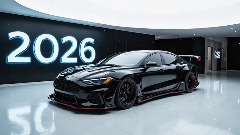 A captivating image of a 2026 ford falcon taking center stage in a luxurious white showroom. The futuristic, vibrant black exterior gleams, showcasing its sleek, aerodynamic design and bold accents. The words "2026 ford falcon" are prominently displayed in...