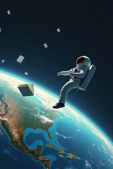 View of planet Earth with astronaut and light-colored books 