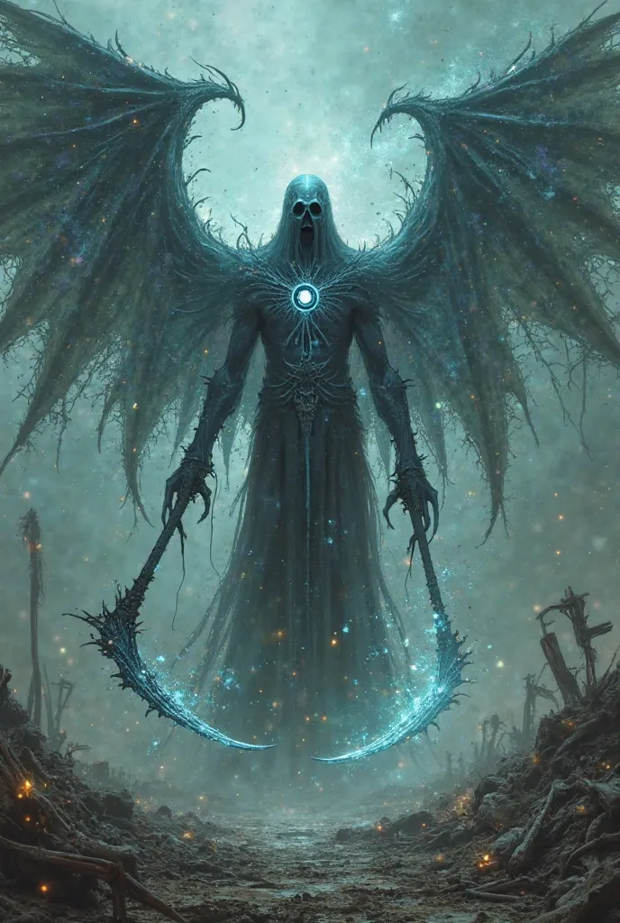 "A wraith-like entity, floating above the shattered remains of a forgotten battlefield. Its body is composed of shifting cosmic matter, flickering between solid and ethereal, with galaxies and nebulae forming within its translucent skin. Its face is a haun...