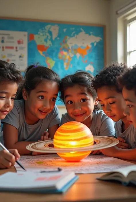 generate an image of real sixth grade elementary school students with Argentinian features who are working with a model of the solar system for a plan called our solar system. 