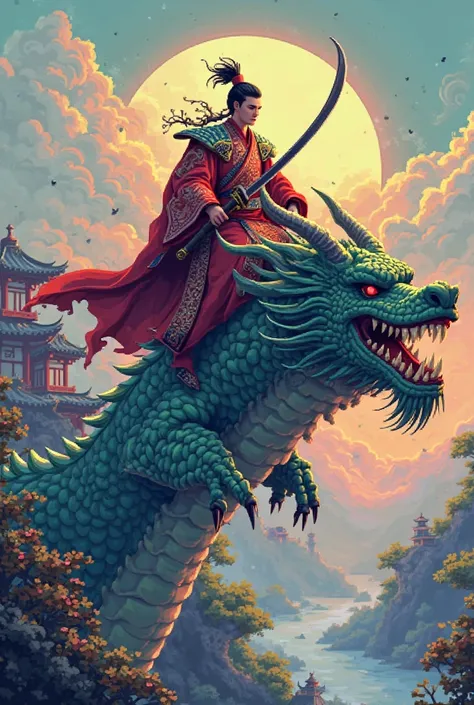 You create yourself a pixel-style photo of a Guest Executioner( Chinese Sword Holder)riding on dragon's head( Orient )