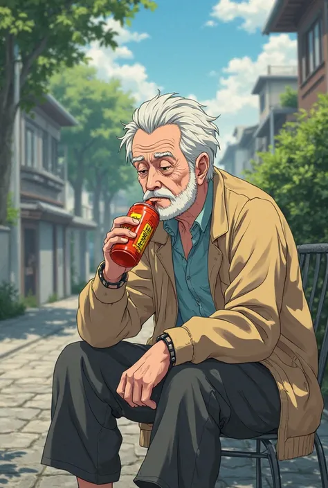 A old man in anime style an older, sad, tired man is sitting and a box of Noni comes to him, he starts drinking it and visibly becomes in a better mood, healthier and brighter, and starts walking down the street and meets a friend who, like him, is without...