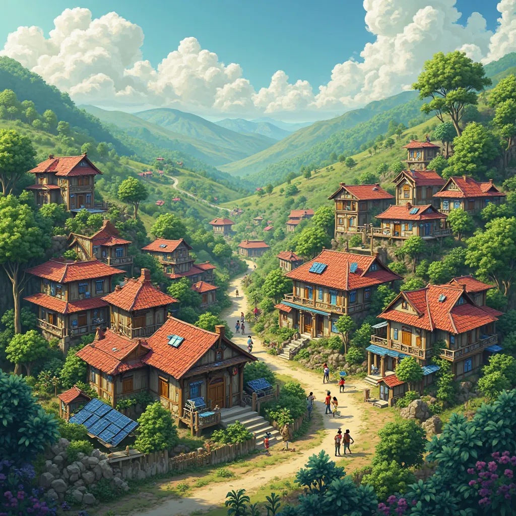 I want you to make me an image showing a lush valley, with rustic and colorful houses, where they are hand in hand with technology 