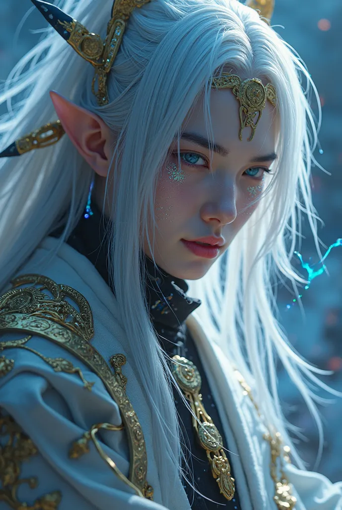 "Close-up of a cyberpunk-style Xiuxian Dao Changzheng，His long white hair falls like a galaxy，A breeze blows，A few strands of hair fluttering softly，Strong and strong face。his two The eyes are glowing with a cold blue light，deep and indifferent，as if looki...