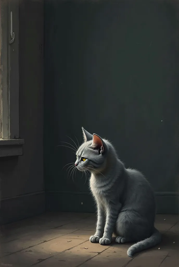 "Sad and Lonely Cat" A small, grey cat sitting in a dull, empty room, surrounded by shadows, looking down in sadness and despair. The room has no decorations or life, reflecting the cat's feelings of emptiness