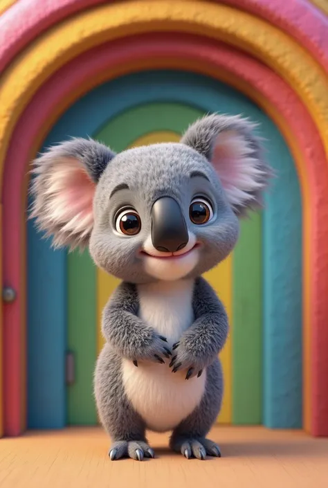 Cheerful and colorful koala with a closed rainbow door 

Pixar