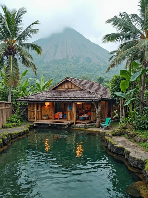 A walled house of bamboo rooms,  village ,Water pool,banana tree,rambutan tree,roof tile ,paint house colors of various colors, there is a bamboo fence , there is a coconut tree ,volcano background,foggy,4k image ,iPhone camera,