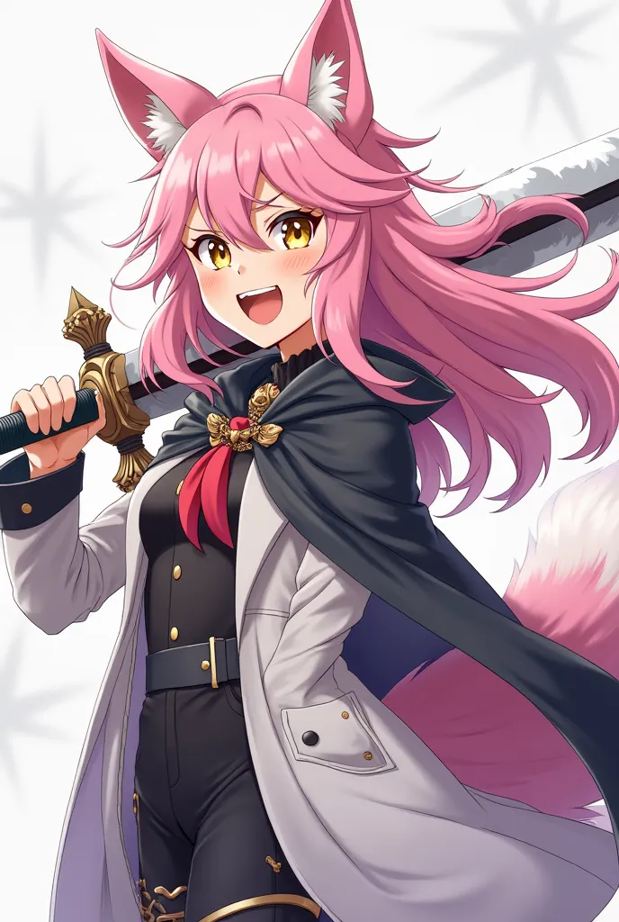 (maximum quality, better quality,  official art , beautiful and aesthetic :1.2) female anime, wolf girl, rebellious girl, long pink hair with bangs covering the right side of the face,  golden eyes, pink wolf ears, pink voluminous tail,  voluminous white c...