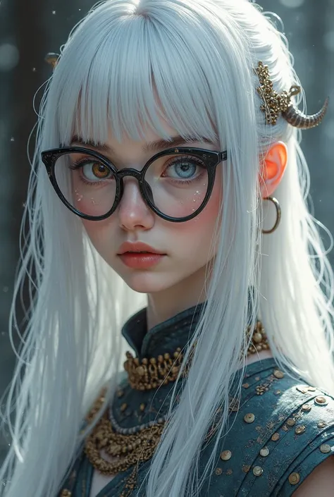 A 17-year-old woman with heterochromia, a brown eye and a blue eye ,  with medieval clothes, long white hair, With fringe and black glasses