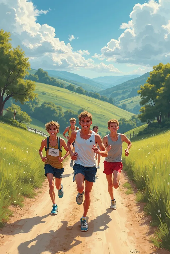 Several young  ren running a marathon on a dirt road,  illustration 