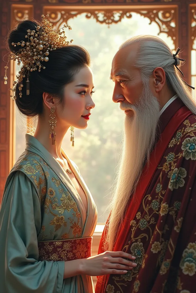 Ancient Chinese beautiful courtesan and the old minister