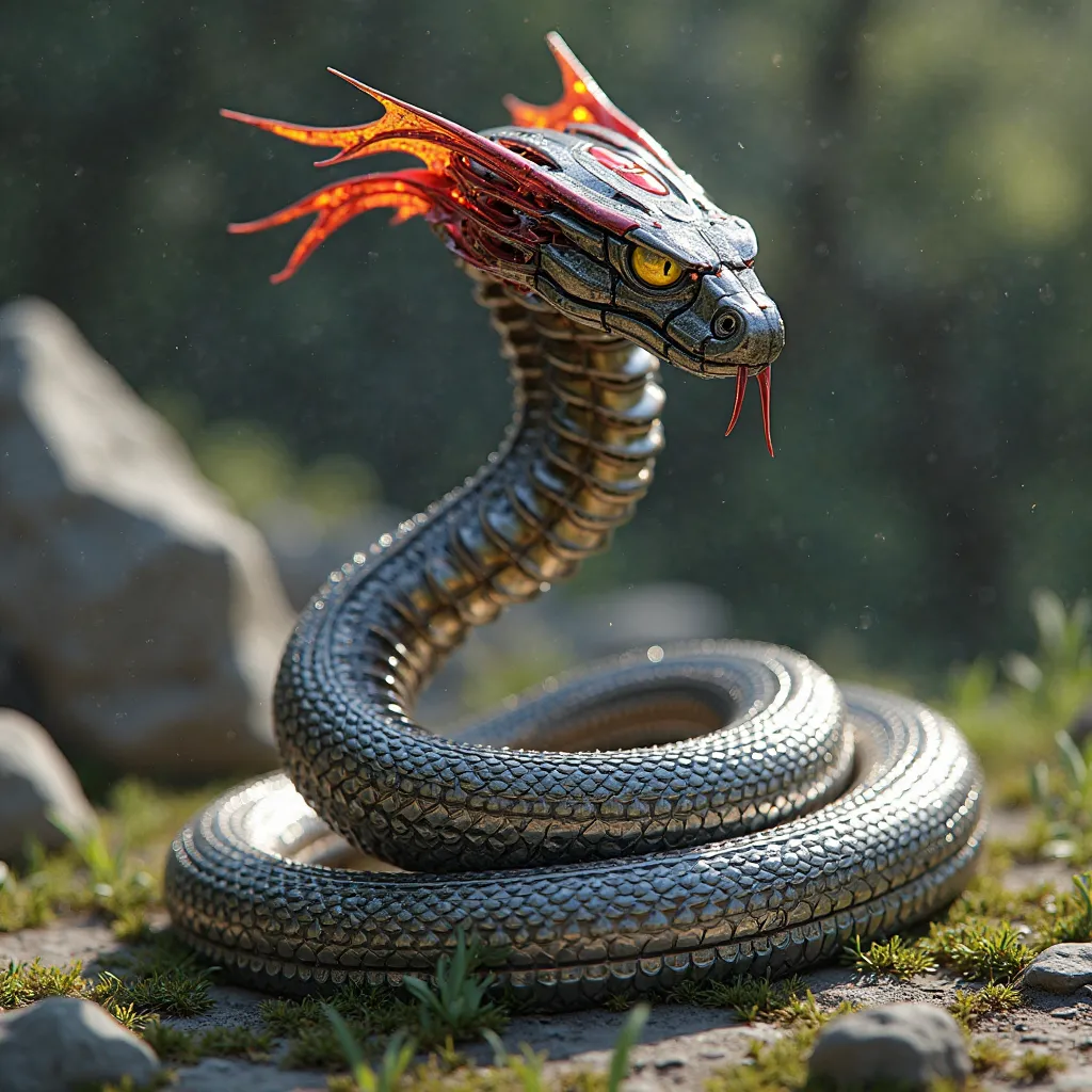 Make image realstic A real mechanical Cobra snake with Superman's Blue,Red and yellow color costume design with logo. Natural snake animal style.