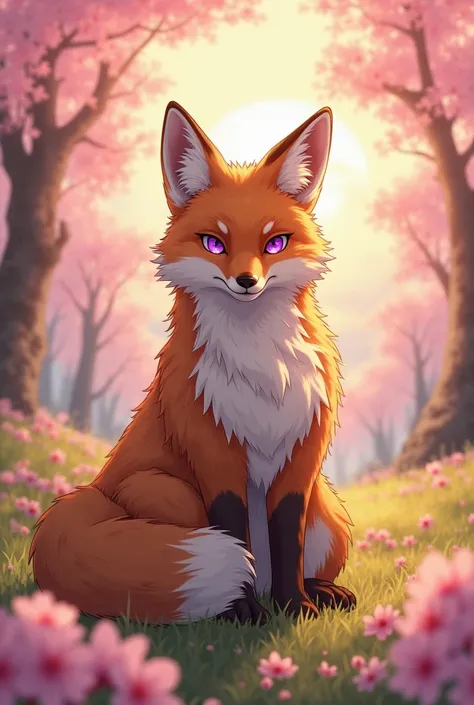 masterpiece,best quality,Anime-style,Fox,noble, majestic,brown fur,purple eyes,sitting on Japanese spring meadow,cherry blossom trees,Sun rise


