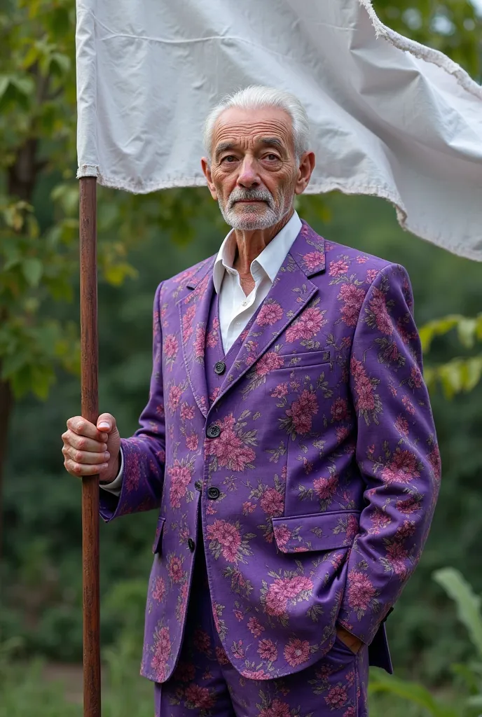 (photorealism:1.2), Create a fair-skinned elderly man in a purple printed suit, pink and orange, 
Holding a white flag. He is looking straight ahead. The elderly face the spectator. The image background is green chromakey 