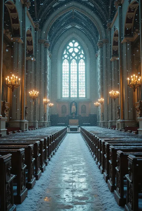 photo,  Realistic Images,  no people, Fujifilm , Inside the church, It&#39;s snowing.