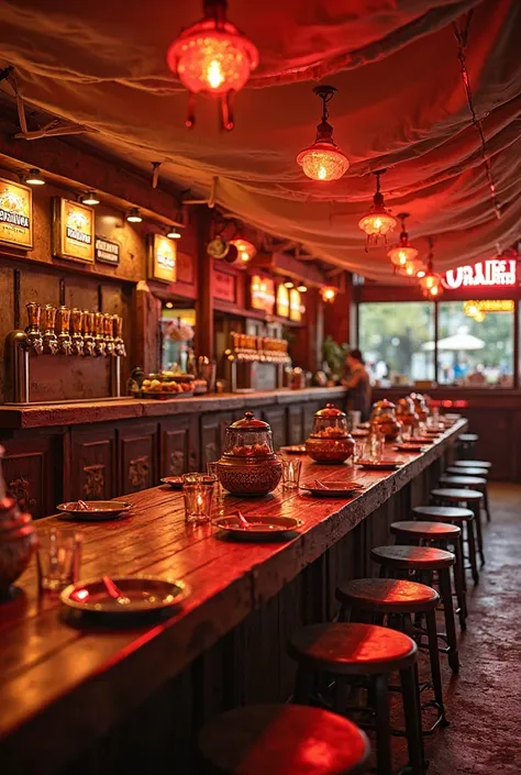 Ultra-realistic 8K image of the interior of the Camarote Brahma, featuring a vibrant and welcoming atmosphere. The space has a rustic wooden bar with large beer dispensers, decorated with Brahma branding on the walls and counters. The warm red lighting cre...