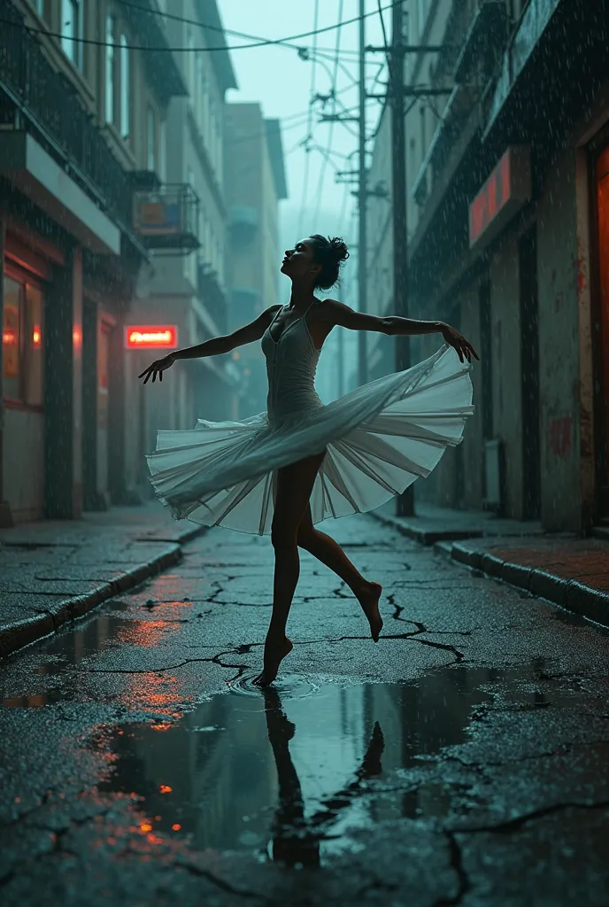 “When I dance I feel like I can fly” background a cracked city at night, raining, puddle reflect, master piece, photorealistic digital painting cinematic film light, 