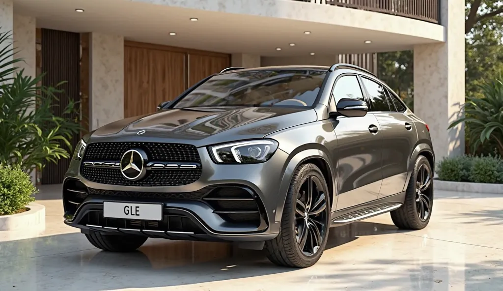 Create a high-quality 3D-rendered image of a 2026 Mercedes-Benz GLE Coupe in a glossy, ultra-shiny metallic dark gray finish. Show the full view, displaying its bold "Benz GLE" branding on the license plate. The background features a luxurious double-story...