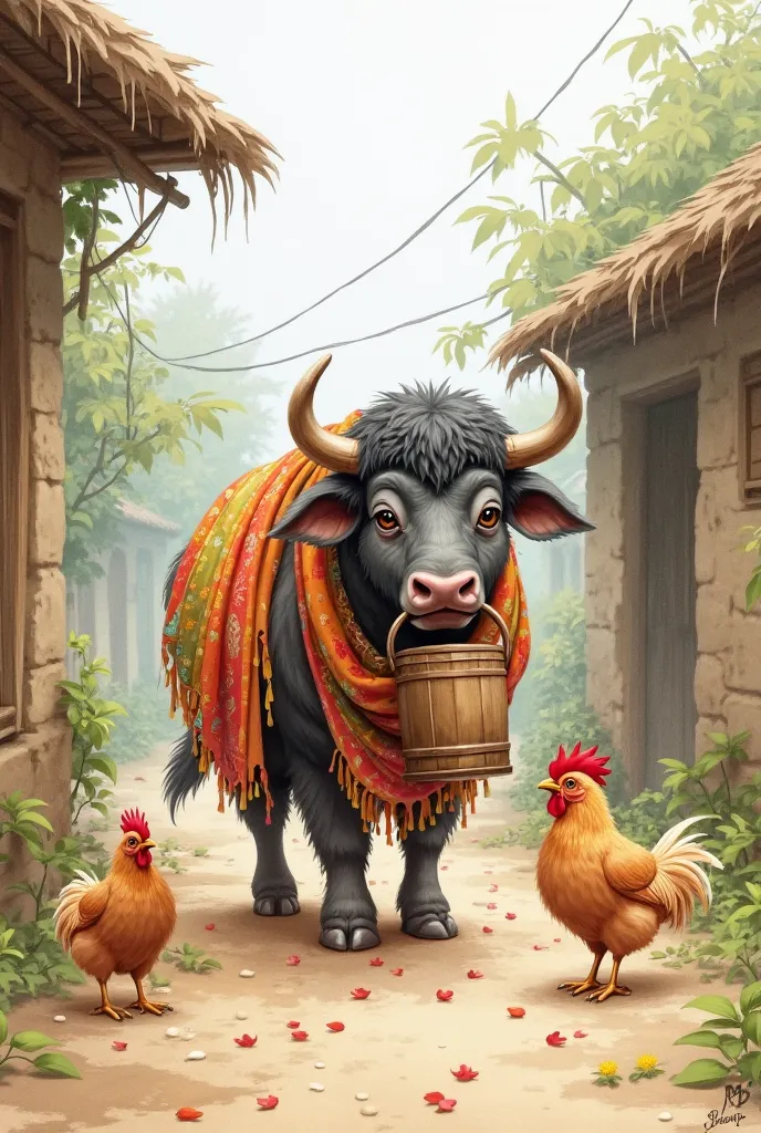 A cute buffalo in a traditional cloth, holding a wooden bucket and feeding chickens in a village yard. Hand-drawn watercolor style. Transparent background