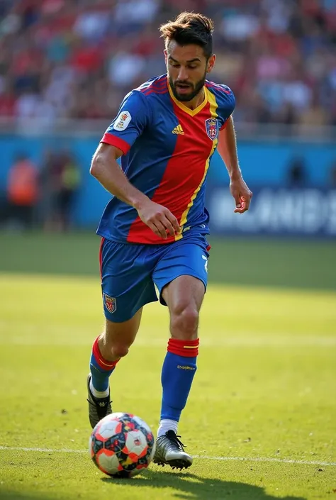 Soccer uniform containing the colors blue red and yellow