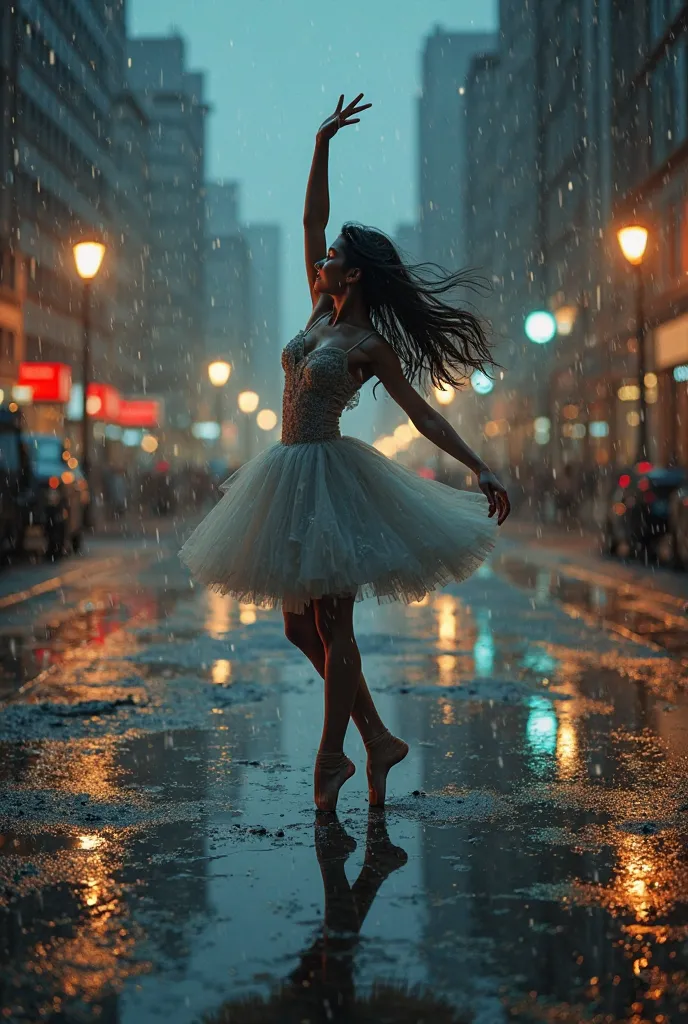 “When I dance I feel like I can fly” background a cracked city at night, raining, puddle reflect, master piece, photorealistic digital painting cinematic film light, 3D effect ultra-detailed intricate insanely full HD ballet dancer, 