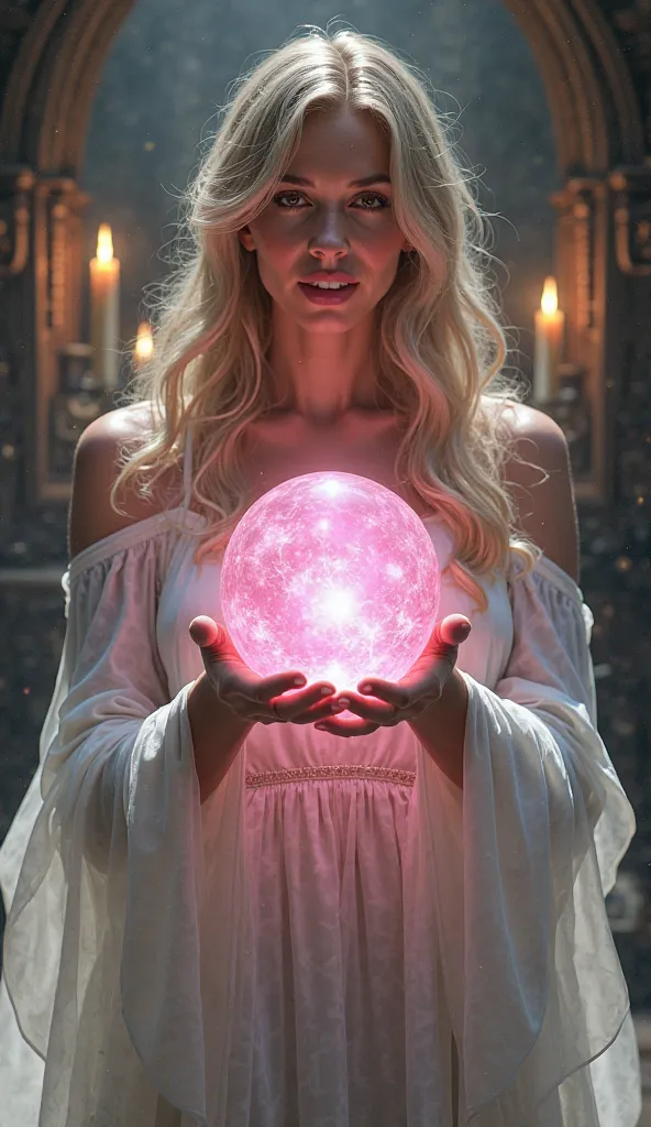 Tarot card a women 50 years old in hand pink crystal ball,a behind candal in the showcase wear a full dress color white,HD