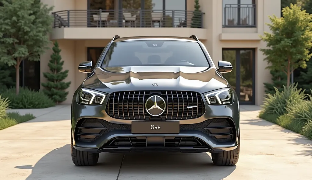 Create a high-quality 3D-rendered image of a 2026 Mercedes-Benz GLE Coupe in a glossy, ultra-shiny metallic dark gray finish. Show the straight front full view, prominently displaying its bold "Benz GLE" branding on the license plate. The background featur...