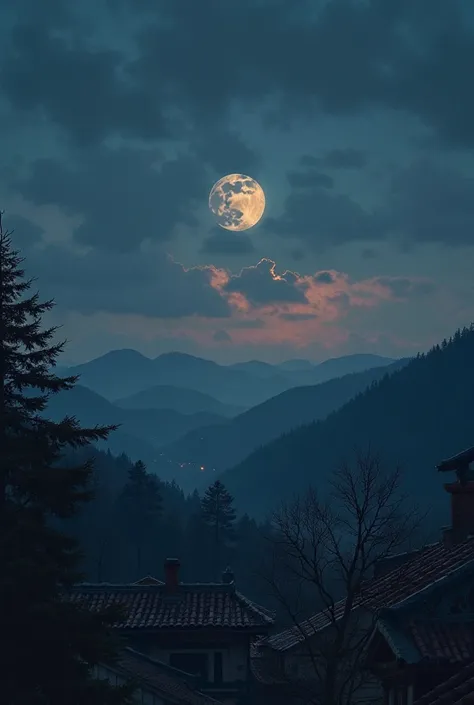 now generates the image of the sky that gradually becomes darker, the shadows begin to stretch over the hills and roofs while the newly risen moon illuminates the scene.uses an ornamental style as in ancient works and a natural environment