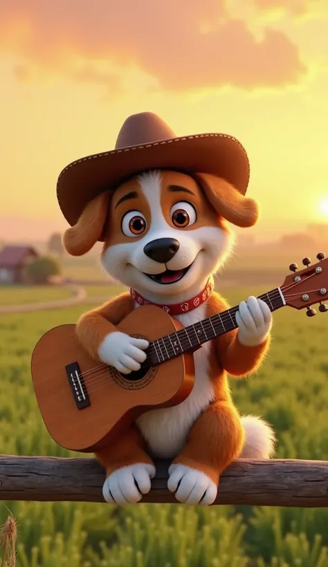 "A brown and white dog wears a cowboy hat and holds a wooden guitar while upbeat music plays. He's sitting on a farm fence at sunset,  with green fields in the background . Disney Pixar style 3D high definition."