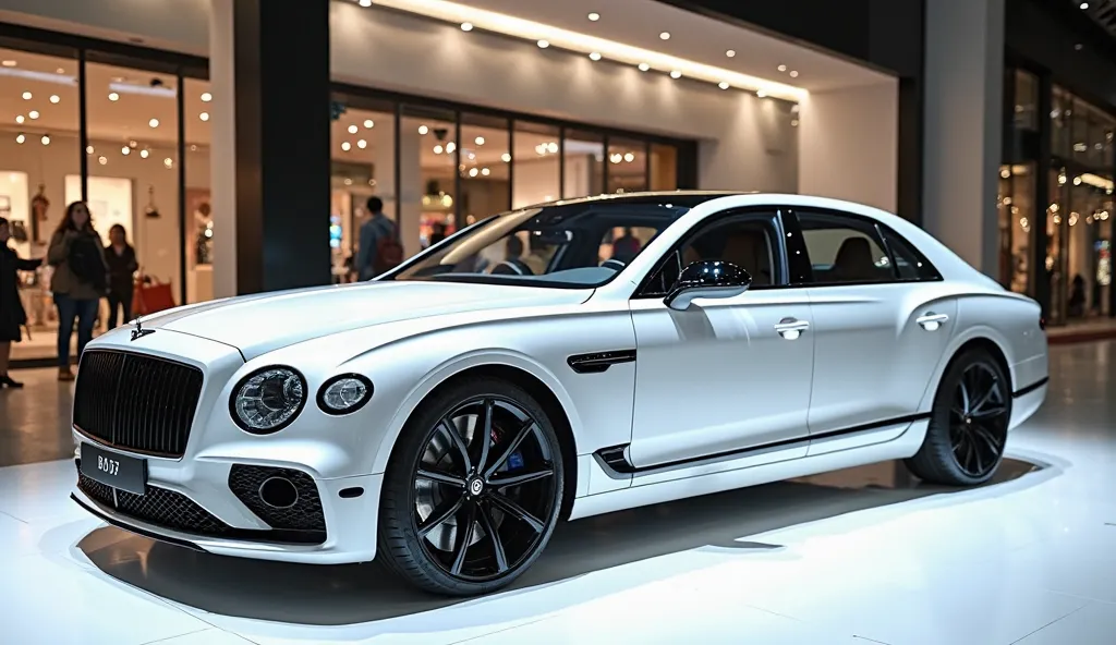 A photo of the side mobile view of a white 2025 Bentley Flying Spur a sleek, full modified, modern design. The Bentley Flying Spur is parked on a white surface. The background is a shopping mall with white lights. The photo reveals the luxurious interior. ...