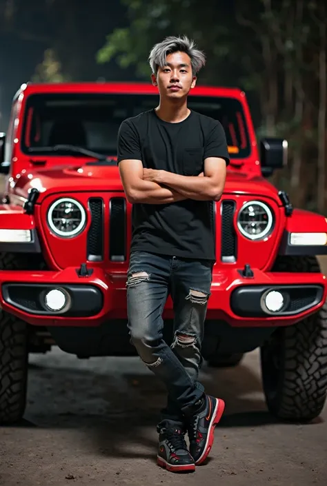 Photo of a 25 yo Indonesian man, clean face messy silver hair, wearing a black t-shirt , torn jeans, Nike Jordan shoes, standing leaning against a red Rubicorn Jeep, while folding his arms, midnight bokeh effect 