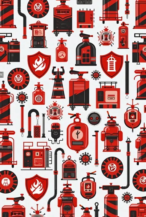 A repetitive geometric pattern inspired by industrial safety, that features a combination of red,  black and white . The pattern must include stylized fire icons, shields and safety equipment, arranged in a clean and modern way to evoke a sense of protecti...