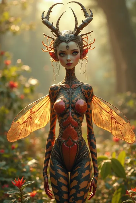 Create a being that would be a mixture of a beautiful woman with a stingless bee with a black abdomen and a reddish chest. 