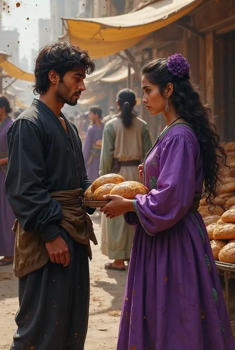 The young bread seller orders the price of food while wearing black clothes. The woman with black hair and purple clothes decorated with green looks at him and is concerned