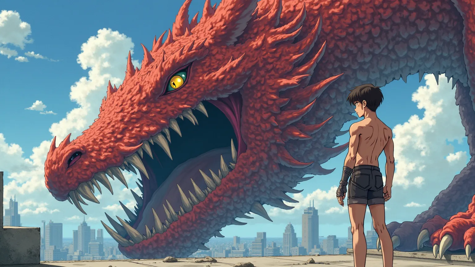 A shonen anime style shot of a young adult male on the right, with a slim physique, standing on a roof next the massive head of a dragon on the left facing right. The male is Dressed in skimpy sci-fi armor, tan skin, round butt, clean-shaved face, brown ey...