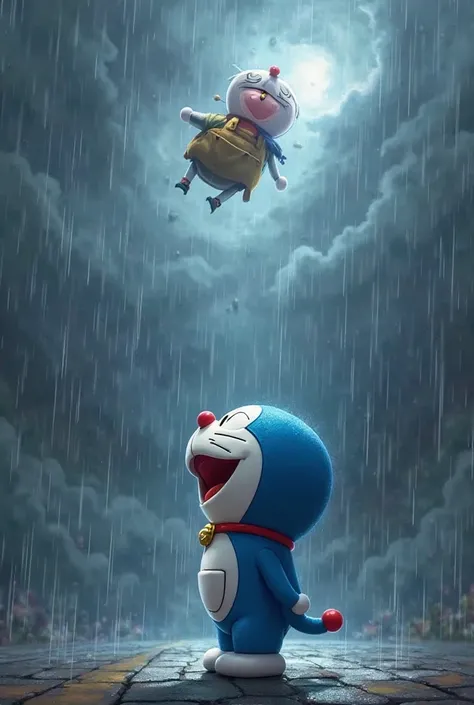 DOREAMON STANDS WATCHING HER MAGIC BAG SOAR INTO THE SKY IN A RAINSTORM